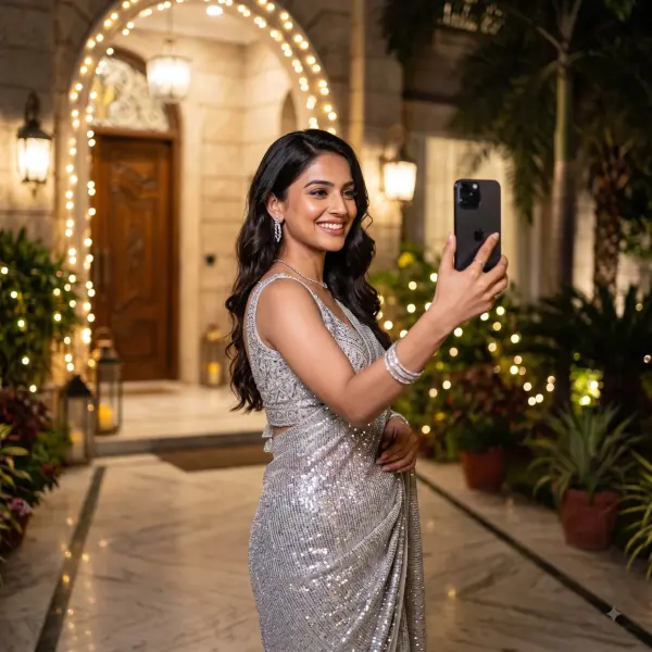 Smiling woman in a silver sequin saree taking a selfie with a smartphone at night with string lights.