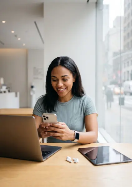 A smiling young woman with dark hair sits at a light wooden desk next to a large window in a cafe. She is looking down and typing on a silver smartphone. An open laptop, a tablet, and a pair of white wireless earbuds rest on the desk in front of her.