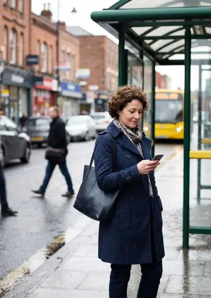 A medium shot of a woman with curly hair wearing a navy blue trench coat and scarf, looking down at her smartphone. She is standing under a glass bus stop shelter on a wet city street, with a yellow bus approaching in the background.