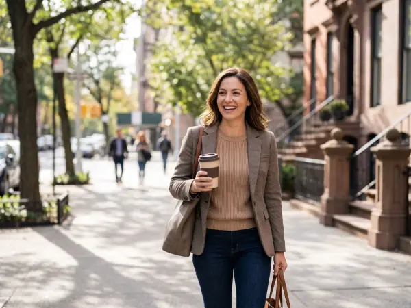 A full-length photo of a happy, smiling professional woman walking confidently towards the camera on a sunny, tree-lined city sidewalk. She is wearing a brown plaid blazer over a tan sweater and blue jeans, carrying a large brown leather tote bag and hold