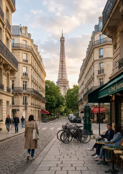 A woman viewed from behind walking down a cobblestone street lined with traditional Parisian buildings, heading toward the Eiffel Tower.