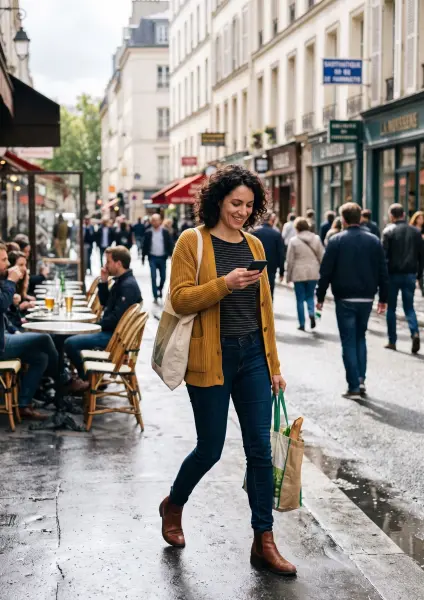 A full-length photo of a smiling woman with curly hair wearing a yellow cardigan and jeans, looking down at her smartphone as she walks on a wet city street. She is carrying a tote bag and a grocery bag with a baguette. Cafes and other pedestrians are in 