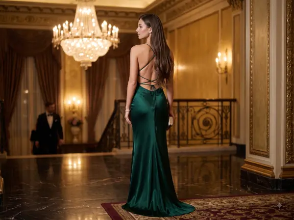 Back view of an elegant woman in a green backless evening gown standing in a luxury palace hall.