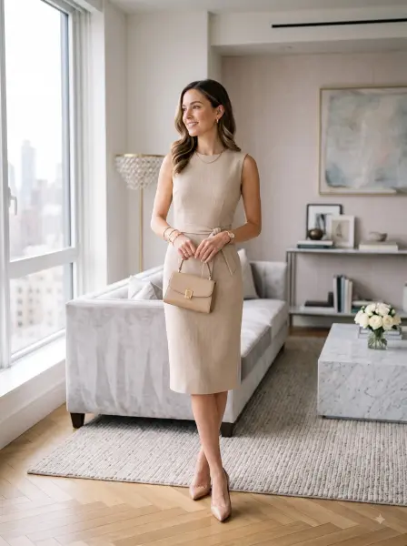 Elegant woman in a sleeveless beige cocktail dress holding a handbag standing in a luxury living room.