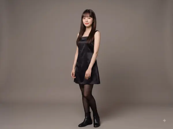 Smiling woman in a black sleeveless mini dress, sheer tights, and ankle boots standing against a grey background.