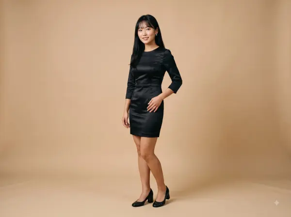 Smiling Asian woman wearing a black long-sleeve mini dress standing against a beige background.