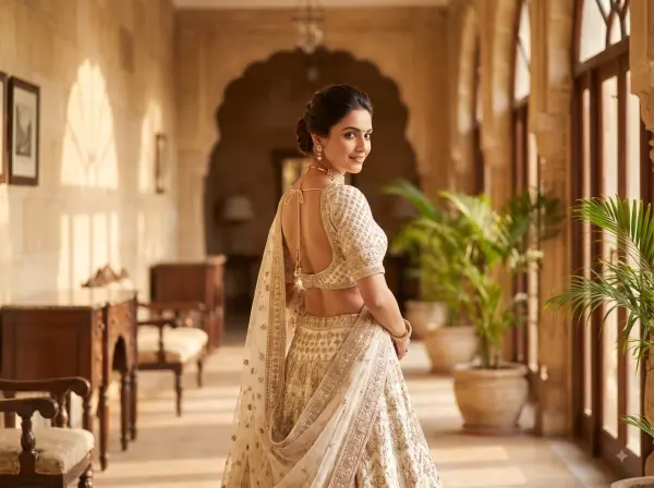 Indian bride in a white and gold embroidered lehenga looking over her shoulder in a palace corridor.