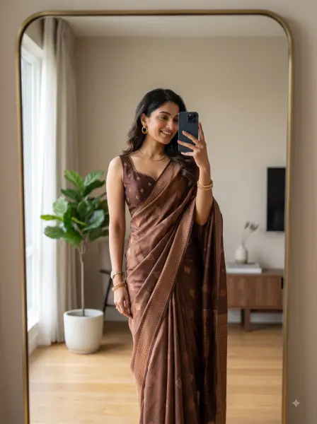 Elegant woman in a brown silk saree taking a mirror selfie with her smartphone indoors.