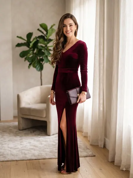 Smiling woman in a burgundy velvet long-sleeve evening gown holding a burgundy clutch standing indoors.