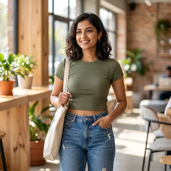 Smiling young woman in a green crop top and jeans carrying a white tote bag in a cafe.