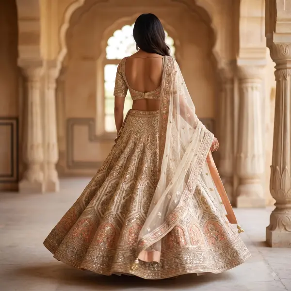 Back view of an Indian bride twirling in a luxurious gold embroidered lehenga in a stone palace corridor.
