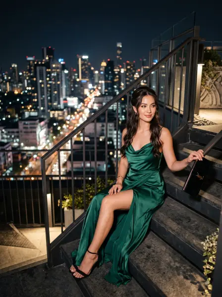 Woman in an emerald green satin dress sitting on modern rooftop stairs with a city skyline at night.