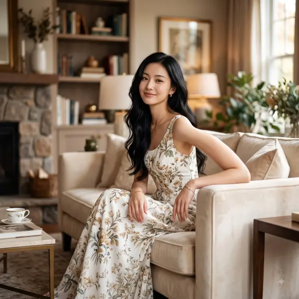 Smiling Asian woman in floral dress sitting on cream sofa in bright modern living room.