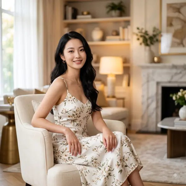 Asian woman wearing a floral dress sitting in a cream armchair in a luxury living room.
