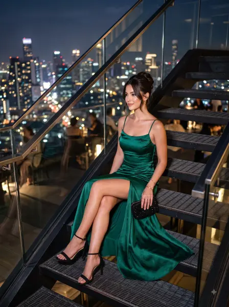 Woman in a green satin dress sitting on a glass staircase with a city skyline at night.
