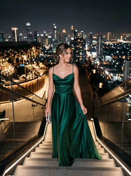 Woman in a green satin dress walking down illuminated stairs with a city skyline at night.