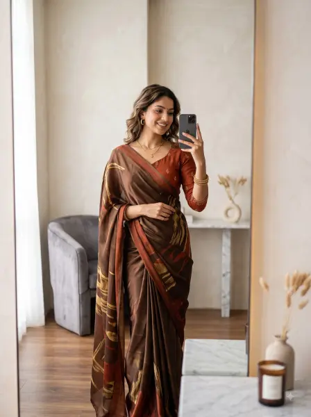 Smiling woman in a printed brown saree taking a mirror selfie with her phone indoors.