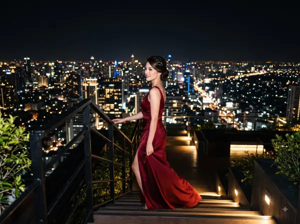 Glamorous woman in a red evening gown walking up outdoor stairs with a city skyline at night.