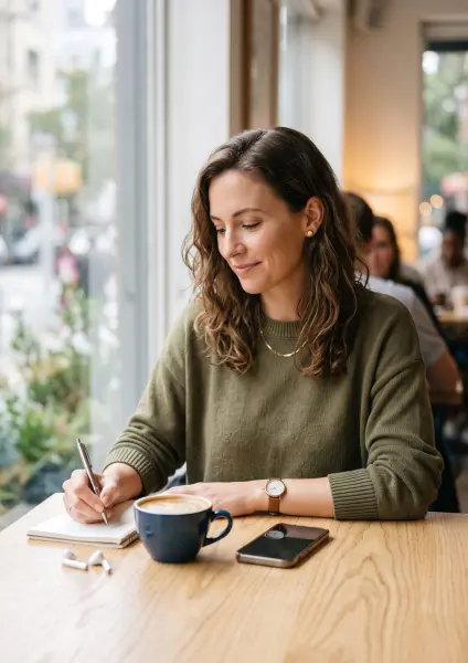 A young woman in an olive sweater sitting at a cafe window table, smiling softly as she writes in a spiral notebook with a pen, a blue coffee mug beside her.