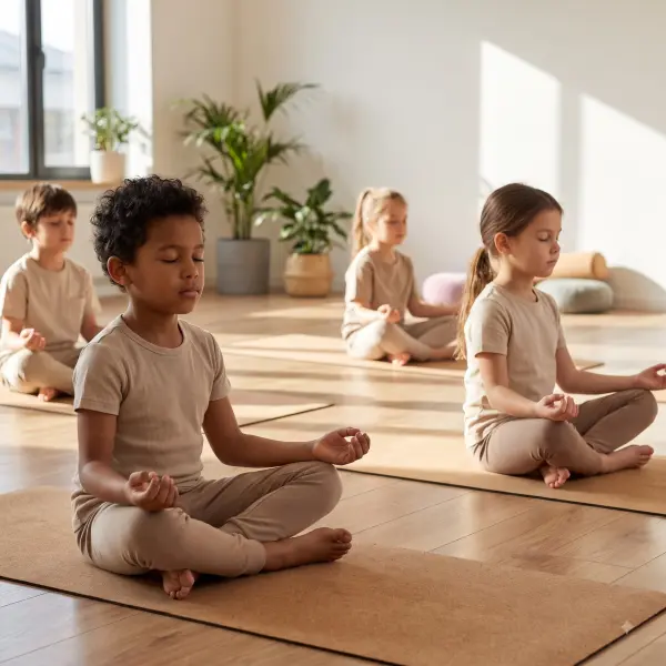 Diverse group of young children sitting cross-legged meditating on cork yoga mats indoors.