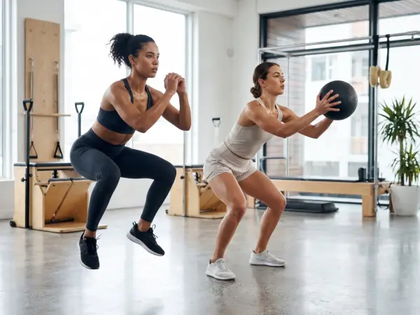 Two athletic women in activewear performing a high-intensity workout in a bright fitness studio; one is mid-air doing a jump squat, while the other holds a black medicine ball.