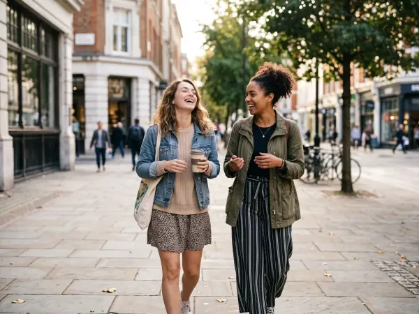 A full-length photo of two young women, one white and one Black, walking side-by-side towards the camera on a paved city sidewalk. They are laughing joyfully. One is holding a reusable coffee cup. The background shows blurred historic buildings and pedest