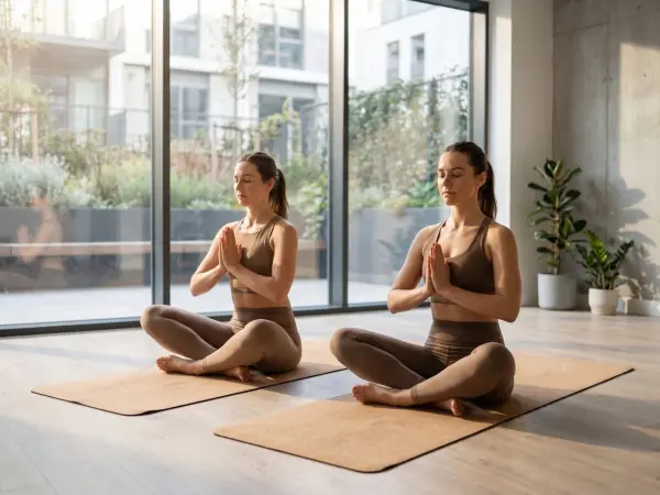 Two young women wearing matching brown sports bras and leggings sitting in the lotus position with hands in prayer on cork yoga mats in a bright room with large windows.