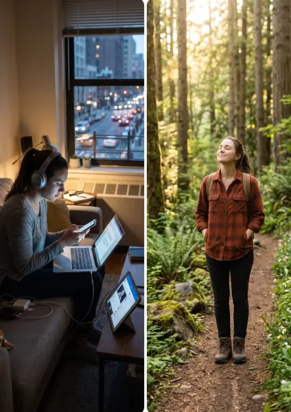 A vertical split image: The left side shows a woman working intently on a laptop with headphones in a dark room overlooking a city. The right side shows the same woman looking relaxed with eyes closed, standing on a sunlit forest trail.