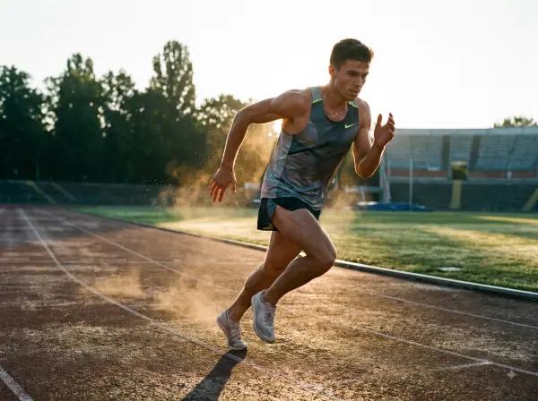 Fit young man sprinting on a red outdoor running track at sunrise kicking up dust.